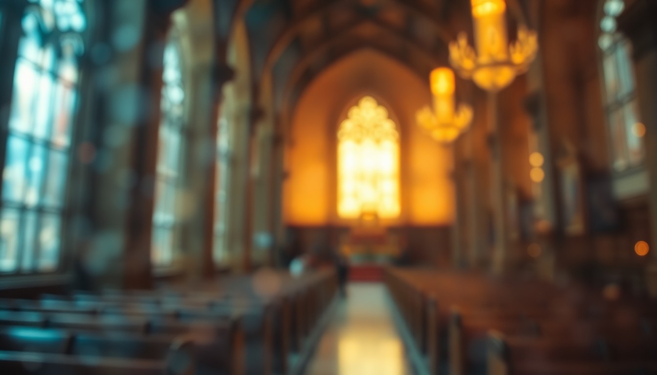 An abstract, out-of-focus image of a historic church interior, with soft, warm pools of light and color, conveying the fragile and ephemeral nature of Chicago's architectural treasures.