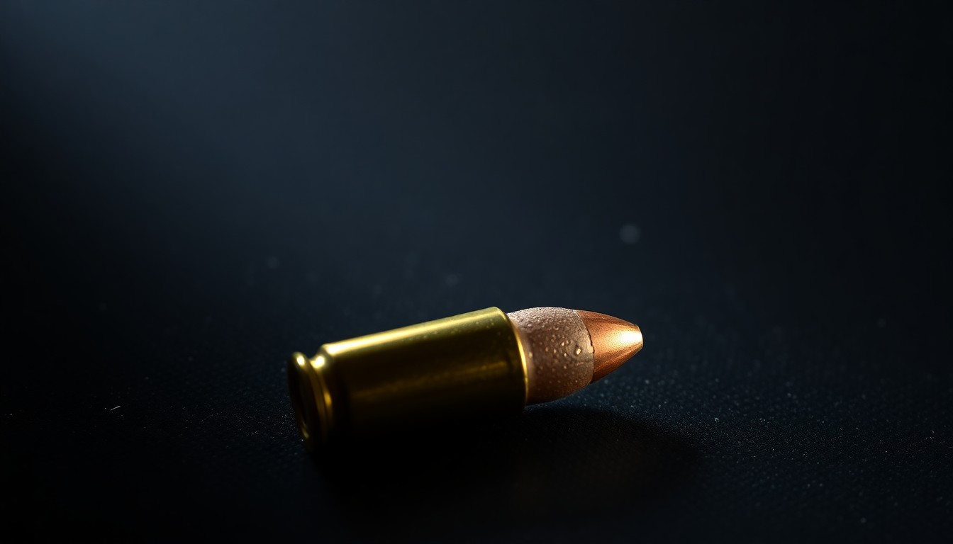 An extreme close-up photograph of a single spent bullet casing on a dark, textured surface, lit by a harsh, direct camera flash, conceptually illustrating the violence of the shooting incident involving the rapper Offset.
