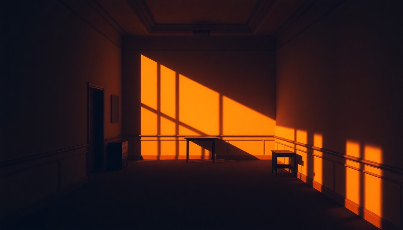 A dimly lit, cinematic government office space with warm sunlight streaming through the windows, creating deep shadows and a palpable sense of unease and anticipation.