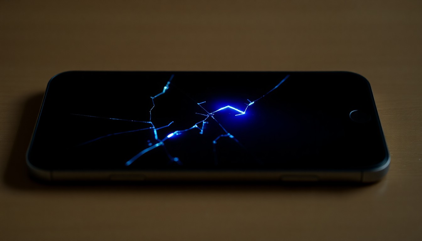 An extreme close-up of a shattered smartphone screen reflecting a faint blue light, conceptually representing the dangers of online predators targeting minors.