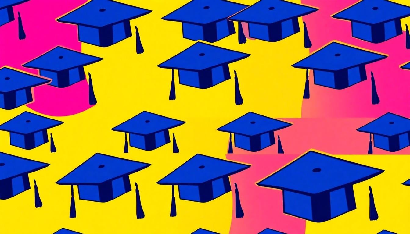 A brightly colored, high-contrast silkscreen print of a graduation cap repeated in a tight grid pattern, using flat, neon colors and heavy black outlines to create a modern pop art style representation of academic achievement.