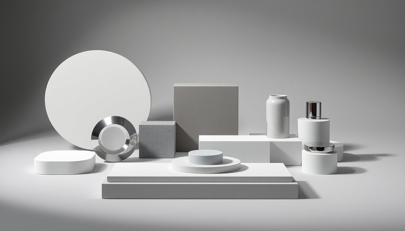A minimalist, photorealistic studio still life featuring a collection of polished, geometric objects in shades of gray, white, and silver, representing the modern, luxury apartment community of The Hill Apartments in Los Alamos, New Mexico.