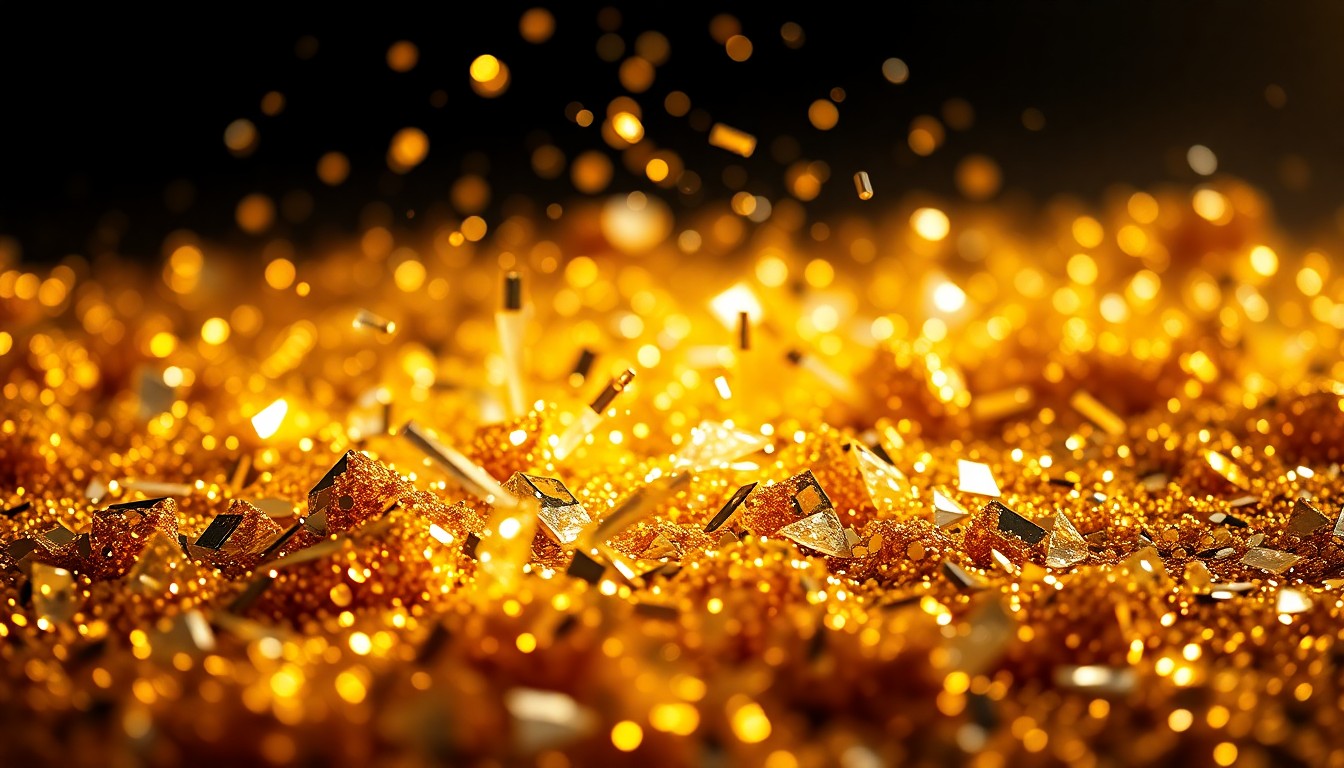 An abstract close-up image featuring a textured surface of glittering gold sequins and shattered glass, capturing the glamour and excitement of the Oscars ceremony.