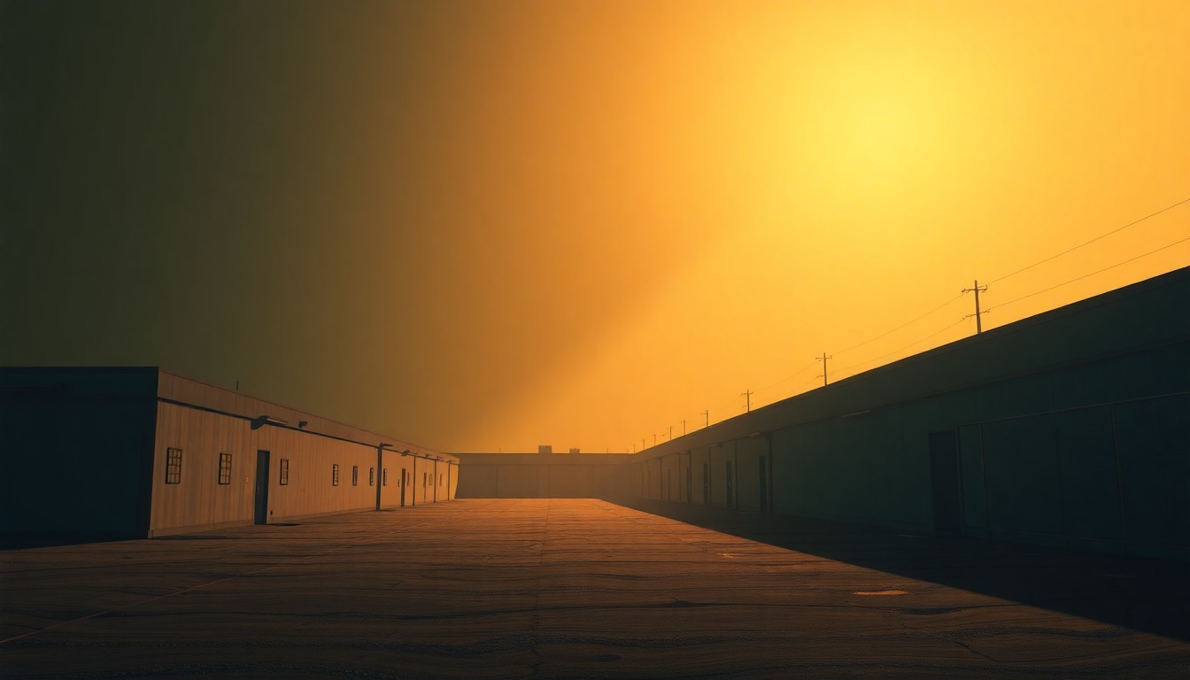 A photorealistic painting in the style of Edward Hopper, depicting a lone, nondescript immigration detention facility bathed in warm, diagonal sunlight and deep shadows, conveying a sense of melancholy and isolation.