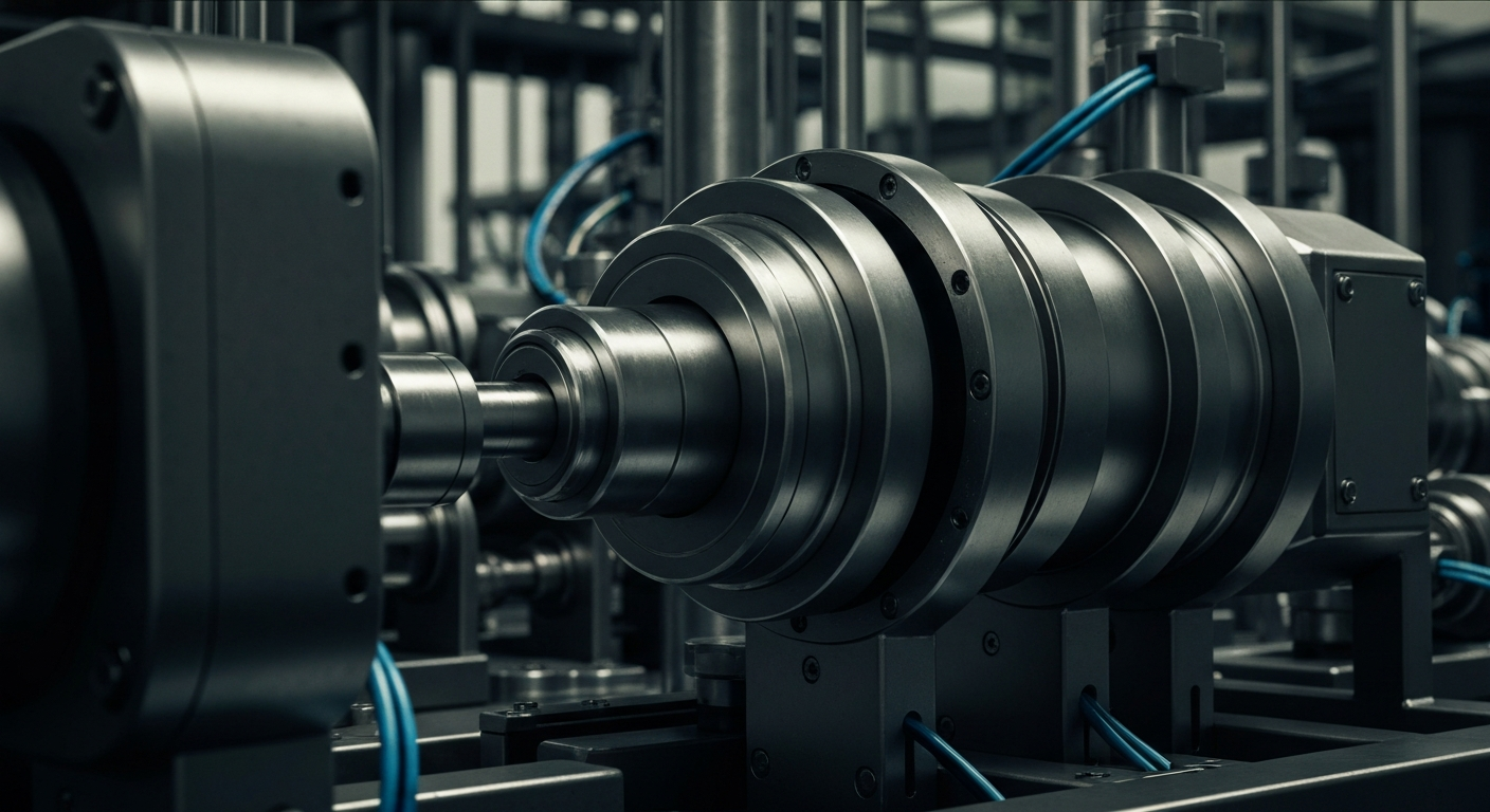 An extreme close-up of intricate, metallic semiconductor manufacturing equipment and machinery, conveying the industrial might and technical sophistication of the semiconductor industry.