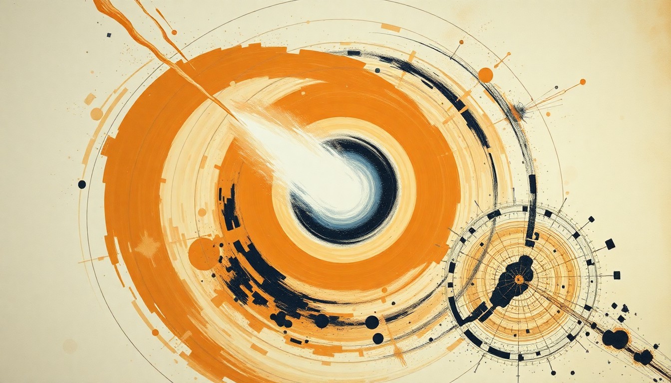 An abstract painting in the style of Hilma af Klint, featuring sweeping geometric arcs, concentric circles, and precise spirals in earthy tones, representing the explosive forces of a meteor breaking apart in the atmosphere.