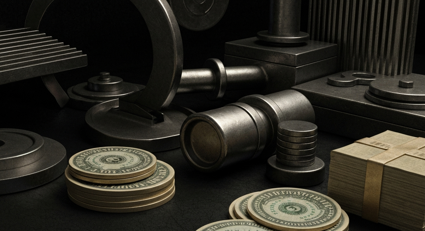 An extreme close-up of complex, industrial-looking financial machinery and equipment, conveying a sense of the heavy, tangible nature of banking and finance without depicting any literal currency or charts.