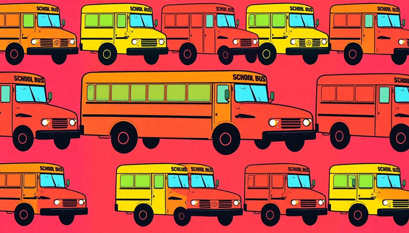 A vibrant, high-contrast silkscreen print featuring a repeated icon of a school bus in a grid of neon colors, conceptually representing the changes in educational leadership across North Texas.