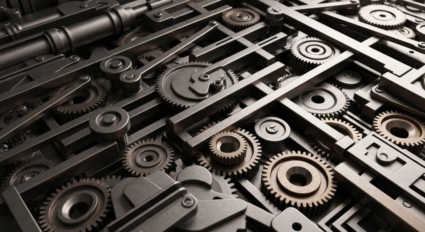 An extreme close-up of a network of interconnected gears, levers, and machinery in shades of steel grey, bronze, and black, conceptually representing the intricate financial and institutional systems that underpin the biotech industry.