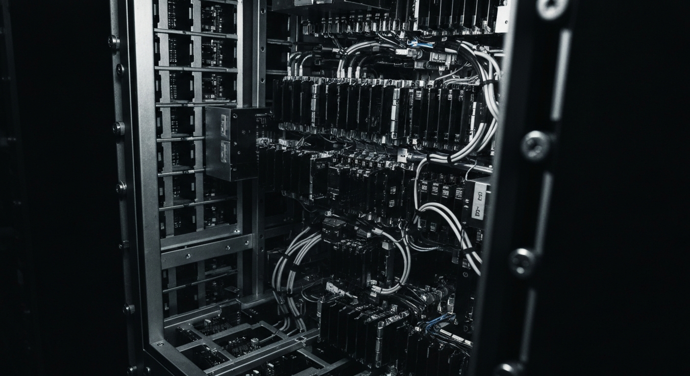 An extreme close-up of the intricate, metallic components and mechanisms of a data storage and management system, captured in a high-contrast, industrial style that conveys the power and complexity of the underlying technology.