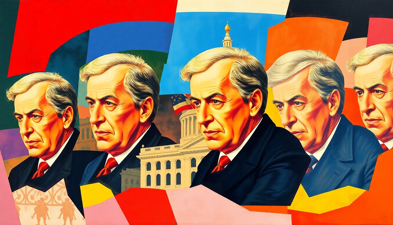 An abstract, fragmented painting featuring overlapping geometric shapes and brushstrokes in shades of blue, red, and yellow, conceptually representing the dynamic and fractured nature of modern politics.