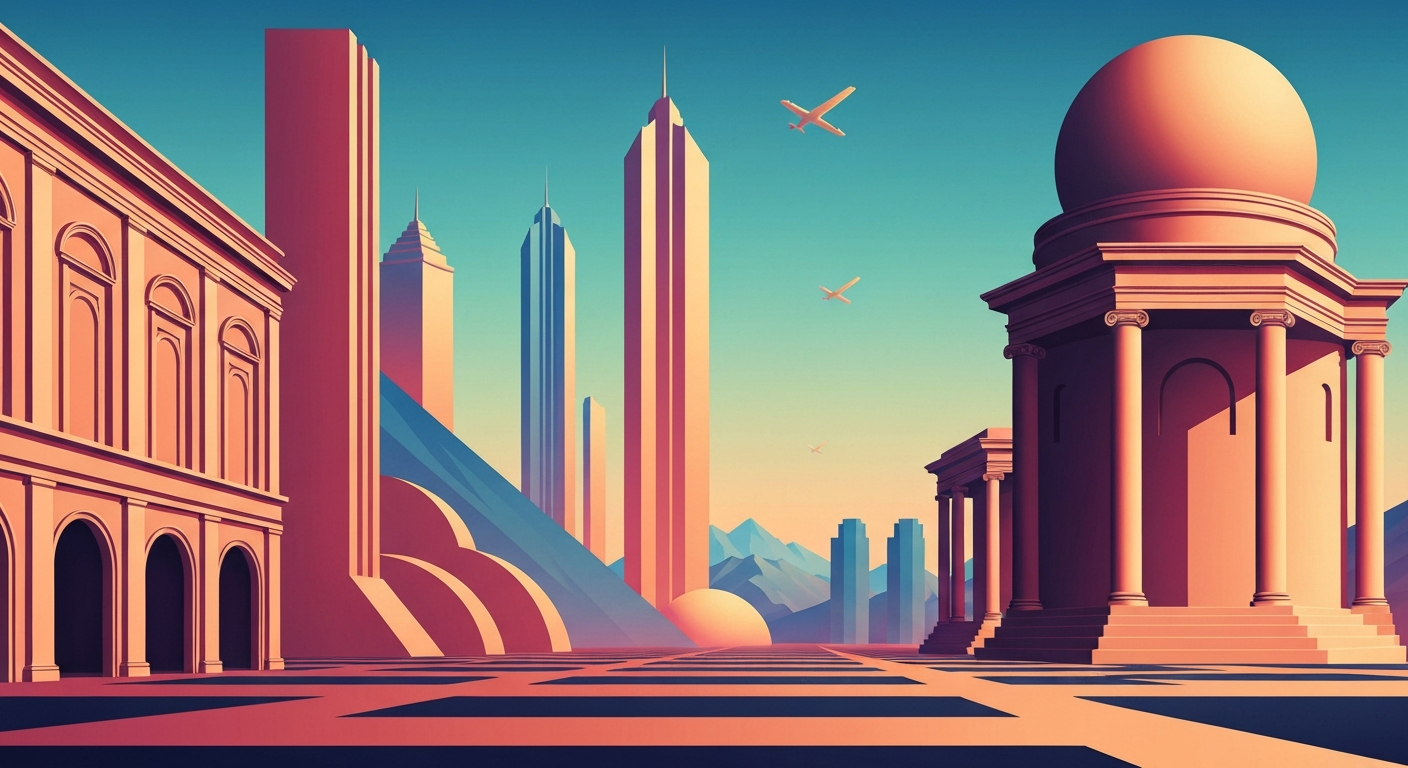 A bold, geometric illustration in the Art Deco style, featuring sweeping gradients and towering forced perspectives of tropical landscapes and architecture, capturing the grand scale and romance of cruise travel without any literal depictions of people or text.