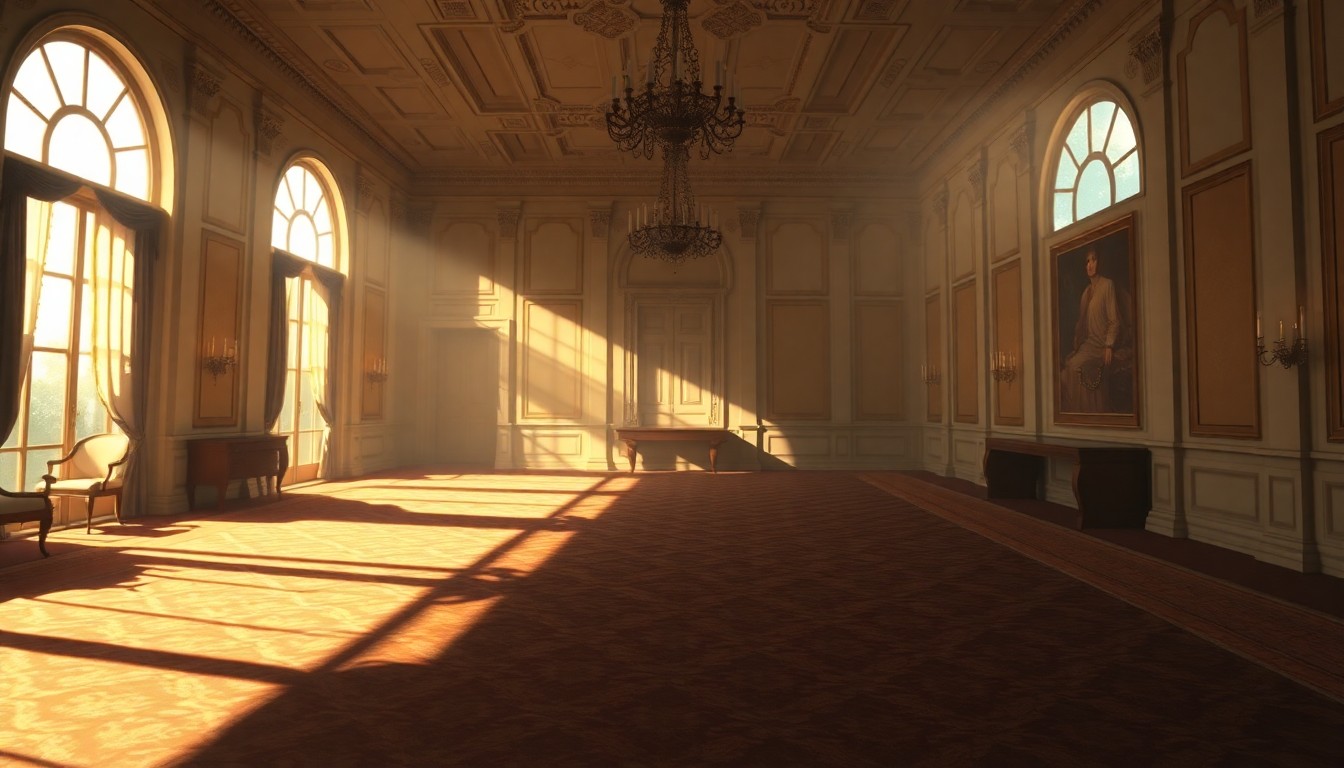 A warm, cinematic painting depicting the ornate interior of Mar-a-Lago's ballroom, with sunlight streaming in through tall windows and casting deep shadows across the elegant furnishings, conceptually representing the intersection of privilege, power, and public fascination surrounding the event.