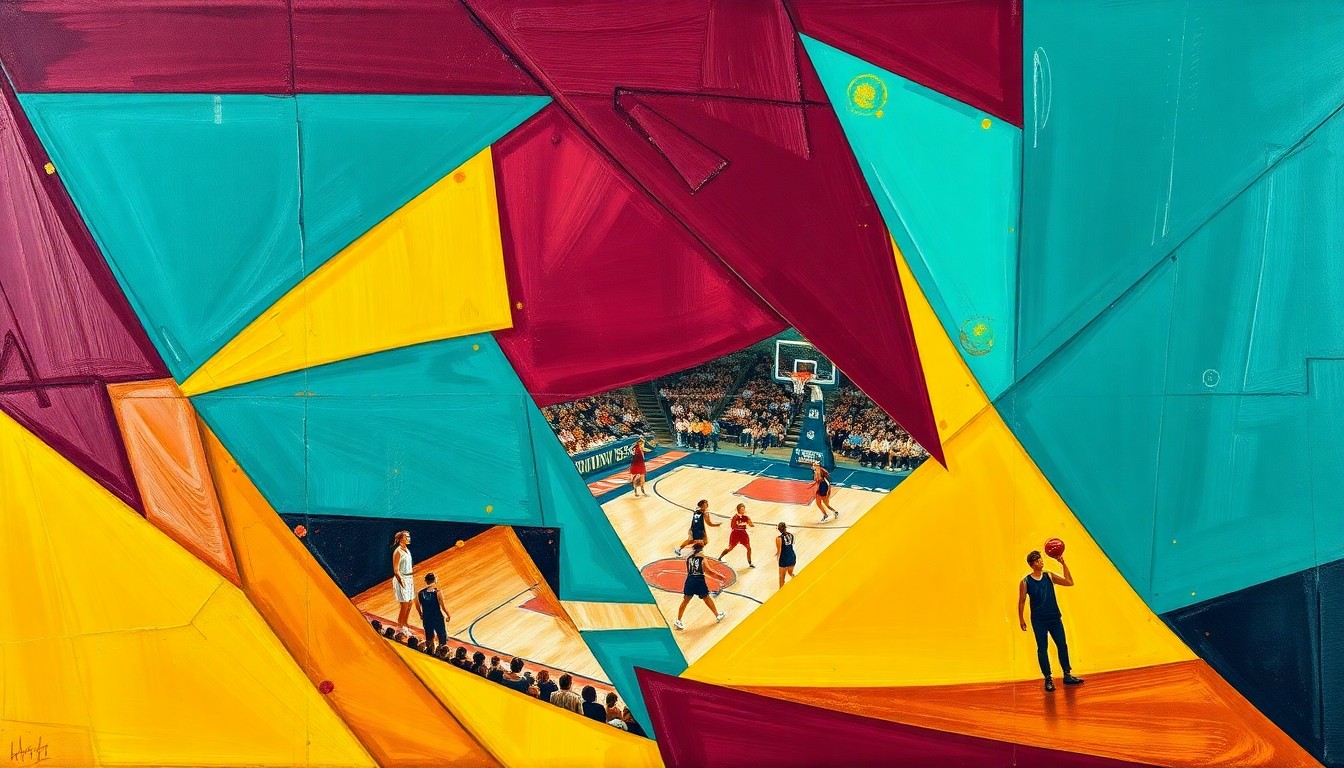 A cubist, geometric painting depicting a fragmented scene of a women's basketball game, with sharp, overlapping planes of color representing the dynamic energy and movement of the sport.
