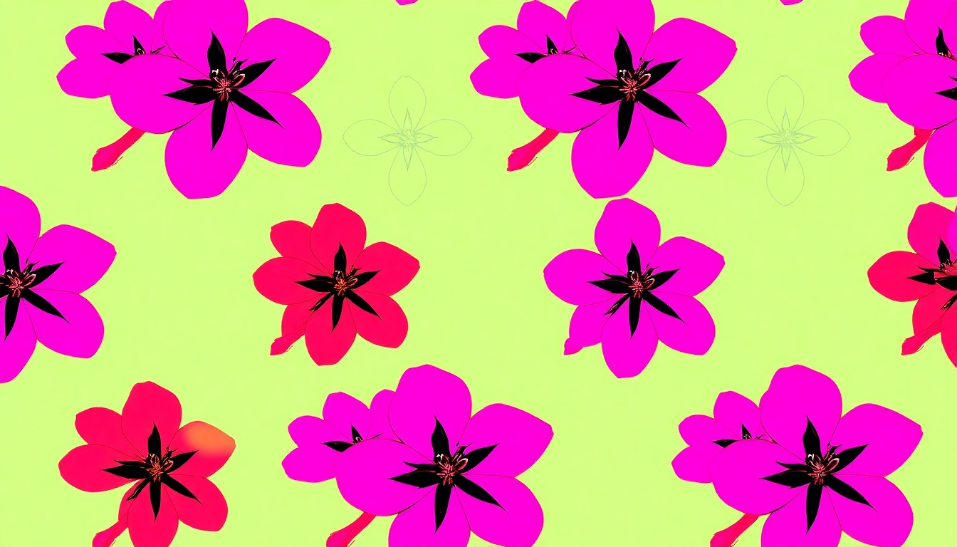 A vibrant, high-contrast silkscreen print featuring a repeating pattern of a single fuchsia flower in neon pink, purple, and blue hues, capturing the celebratory energy of a community gardening event.