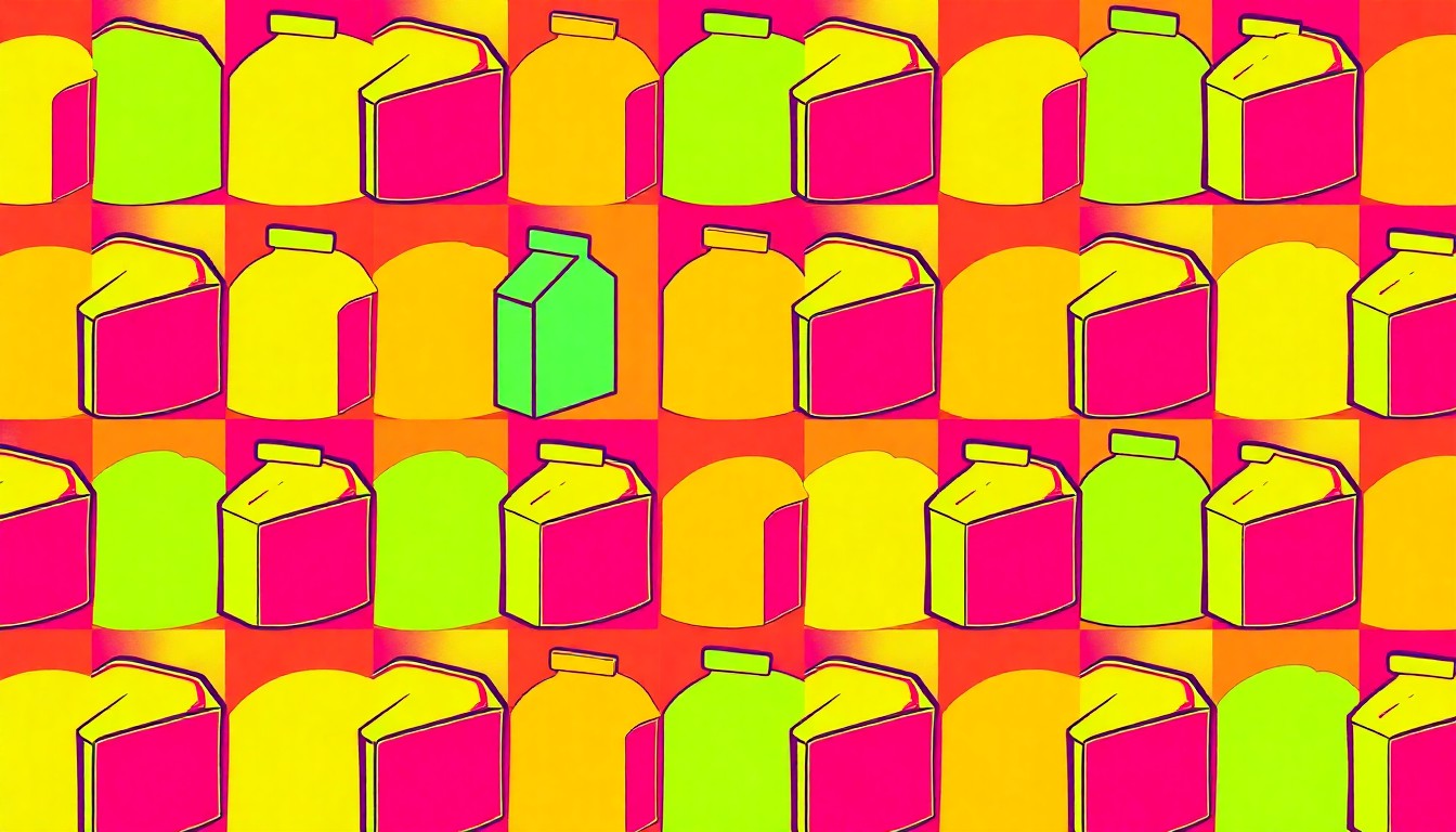 A brightly colored, high-contrast silkscreen print of a single, iconic grocery item such as a loaf of bread or carton of milk, repeated in a tight grid pattern, conceptually representing the community-driven efforts to rescue surplus food and combat waste in Boston.