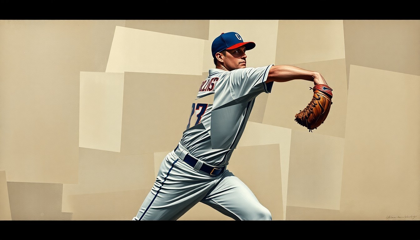 A fragmented, geometric painting depicting the motion of a baseball pitcher, with sharp planes of color and form representing the twists and turns of Taylor Rogers' career.