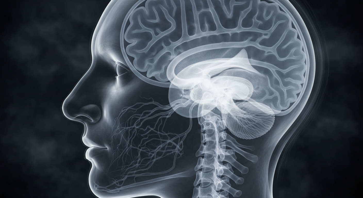 A translucent, ghostly X-ray photograph revealing the intricate neural structures of a person's brain, conceptually representing the challenges of schizophrenia and the importance of early, comprehensive mental health care.