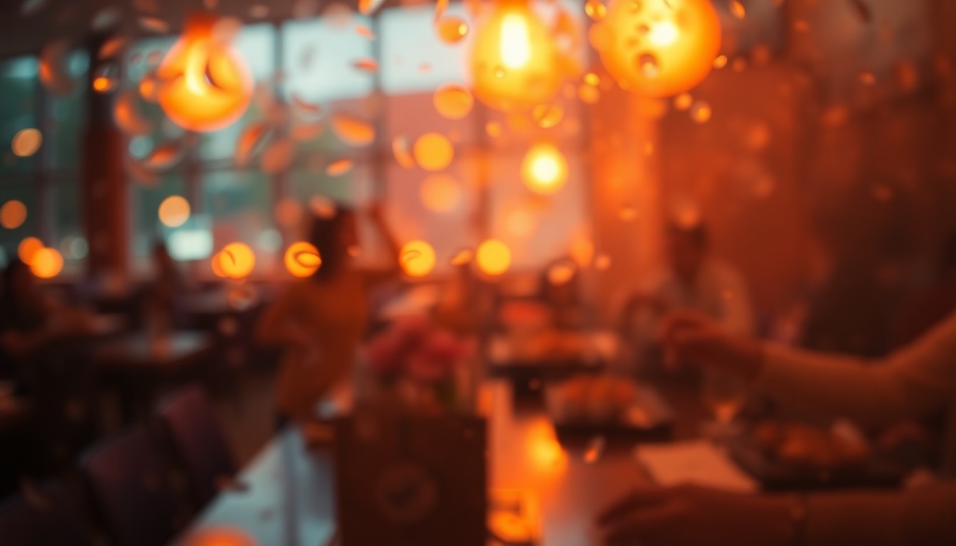 An abstract, out-of-focus scene composed of warm, blurred pools of light and color, conceptually representing the intimate, elevated atmosphere of a luxury sushi omakase experience.