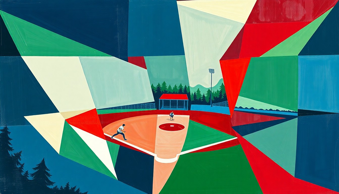 A fragmented, geometric painting depicting the motion and energy of a high school softball game, with sharp planes of navy, green, and red creating a sense of dynamic movement.