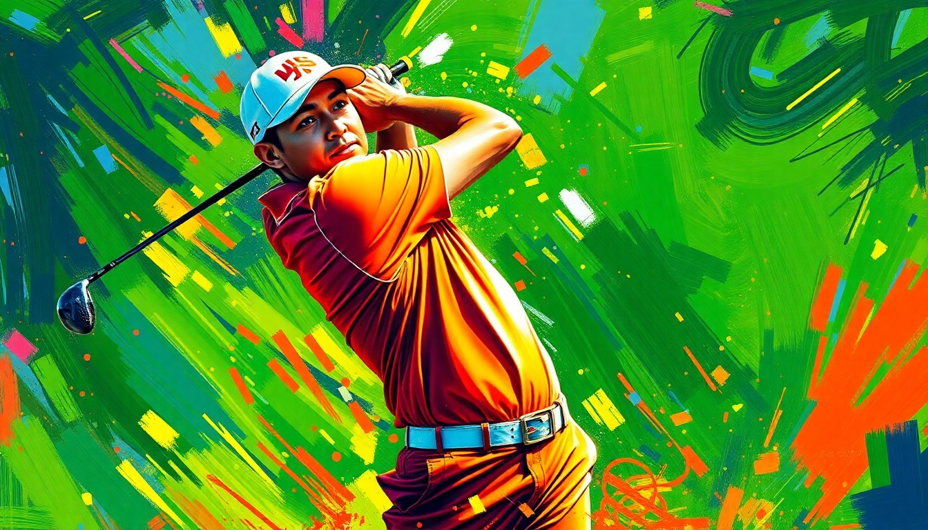 An abstract, expressionist painting featuring bold, neon-colored brushstrokes that convey the dynamic motion and energy of a golfer's swing, representing the experience of amateur Ethan Fang competing at the prestigious Masters Tournament.