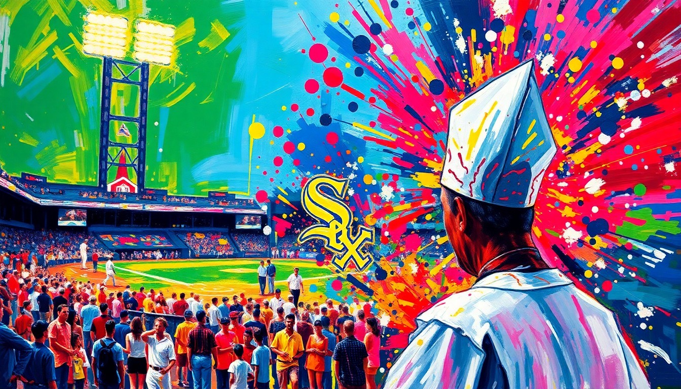 An abstract, expressionist painting in neon colors depicting the energy and excitement of a baseball game, with the White Sox logo and a pope's hat blending into the vibrant brushstrokes.