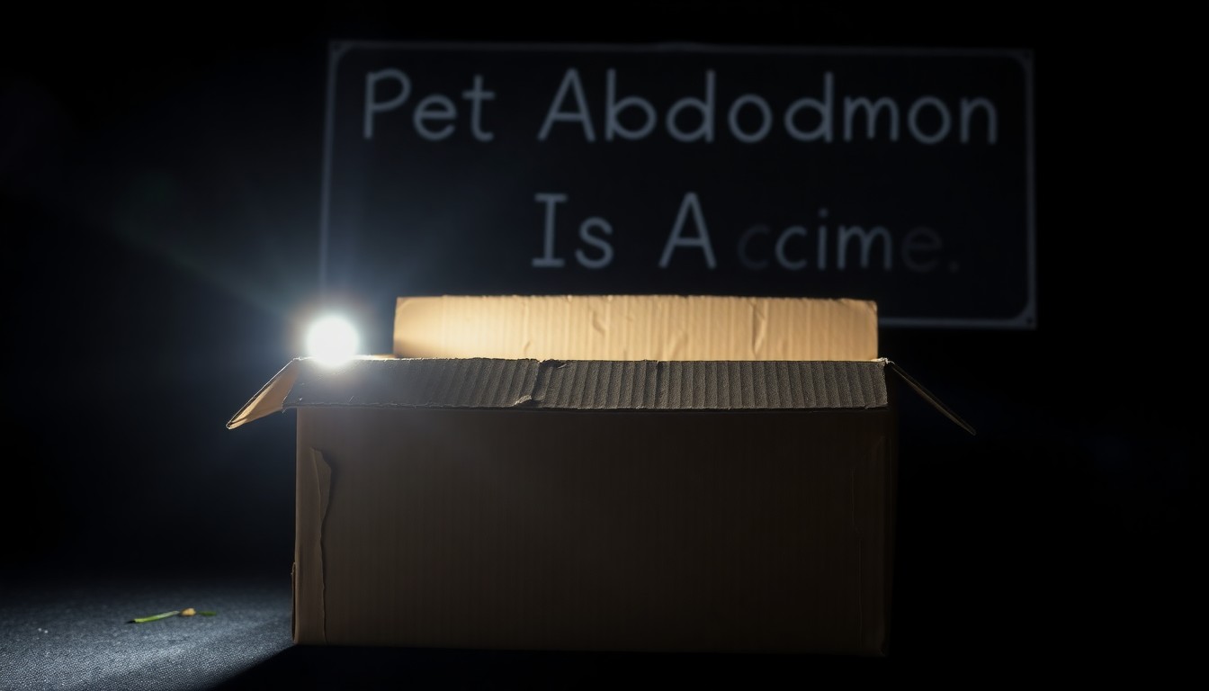 An extreme close-up photograph of a cardboard box with puppy paws visible, lit by a harsh camera flash against a pitch-black background, conceptually illustrating the abandonment of helpless animals.
