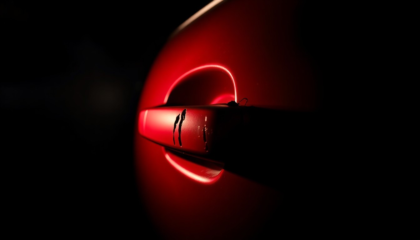 An extreme close-up photograph of a crumpled car door handle, conveying the gritty aftermath of a police pursuit through its dramatic lighting and stark, textural details.