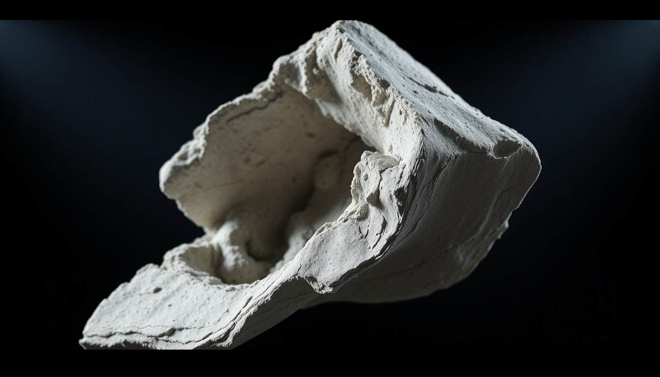 An extreme close-up photograph of a twisted, crumpled piece of precast concrete debris, capturing the gritty, investigative aesthetic of the scene through harsh, direct lighting and a stark, black background.