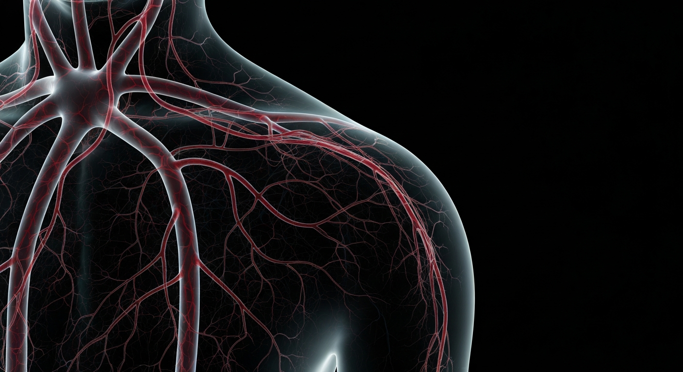 An abstract, ghostly X-ray image revealing the intricate network of blood vessels and nerves, conceptually representing the advanced medical technology behind minimally invasive pain treatments.