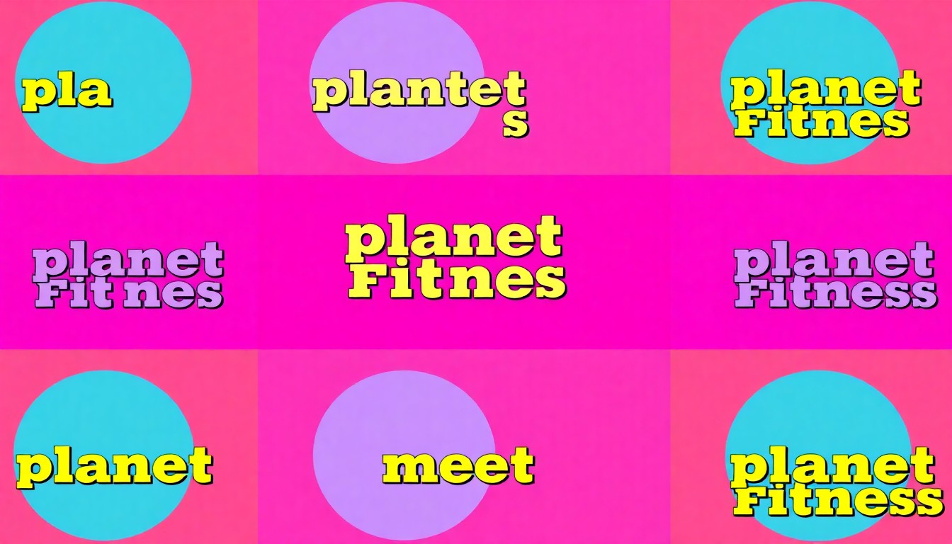 A bold, colorful silkscreen-style illustration featuring the Planet Fitness logo repeated in a grid pattern, capturing the vibrant energy and community spirit of the gym's grand opening event.