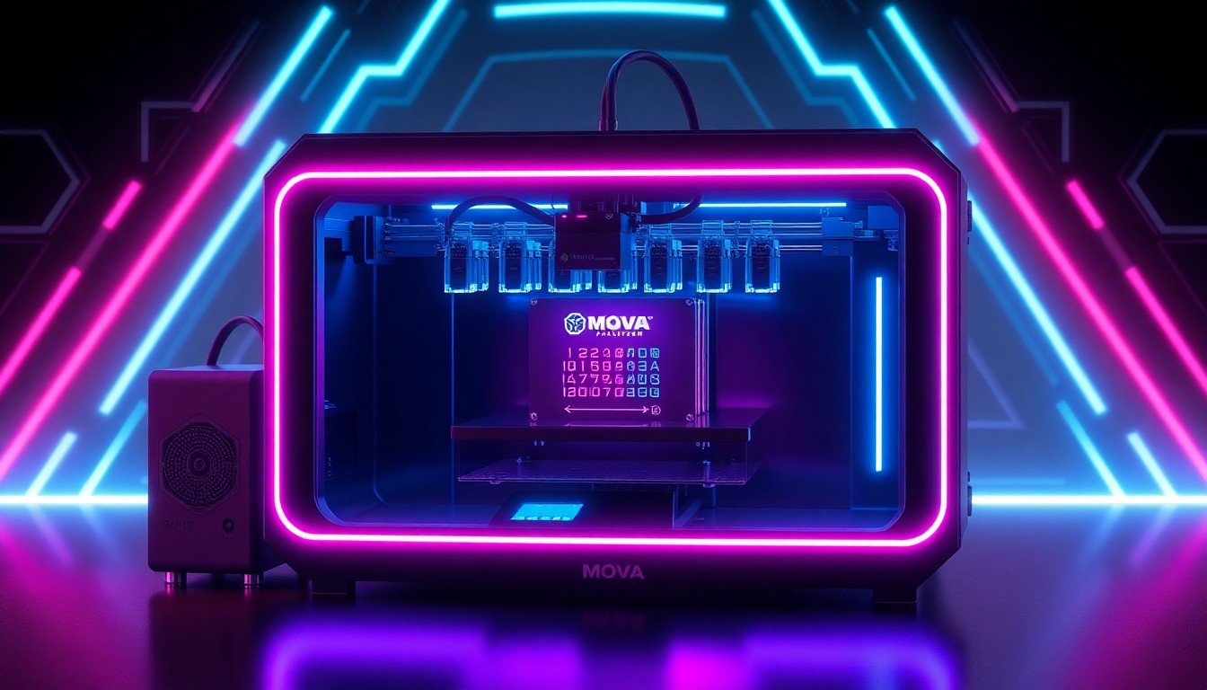 A highly detailed, glowing 3D illustration of a multi-color 3D printer with 12 nozzles and an array of sensors, conceptually representing the advanced technology of the MOVA AtomForm Palette 300.