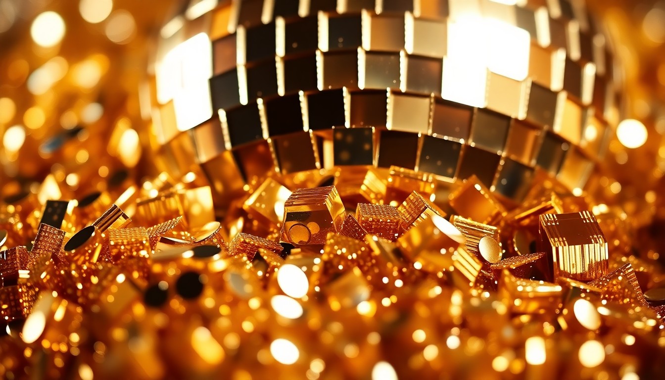 An extreme close-up photograph of shimmering gold sequins and glittering disco ball fragments, reflecting dramatic high-contrast studio lighting to capture a glamorous, high-energy aesthetic.