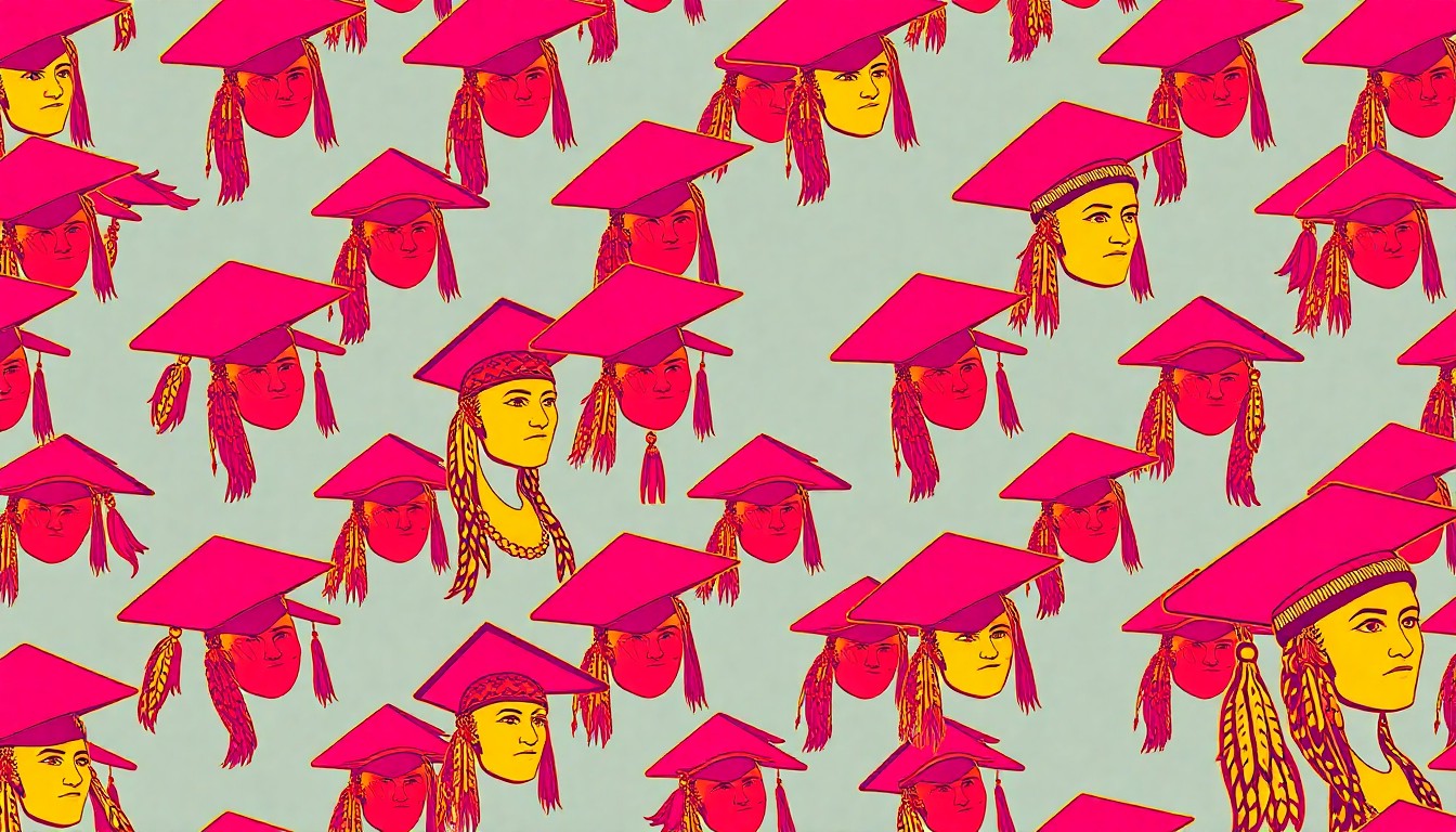 A highly stylized, abstract silkscreen print featuring a repeated pattern of a traditional Native American graduation cap or stole in bold, neon colors and heavy black outlines, conceptually representing the new law allowing Indigenous students to proudly display their cultural heritage.