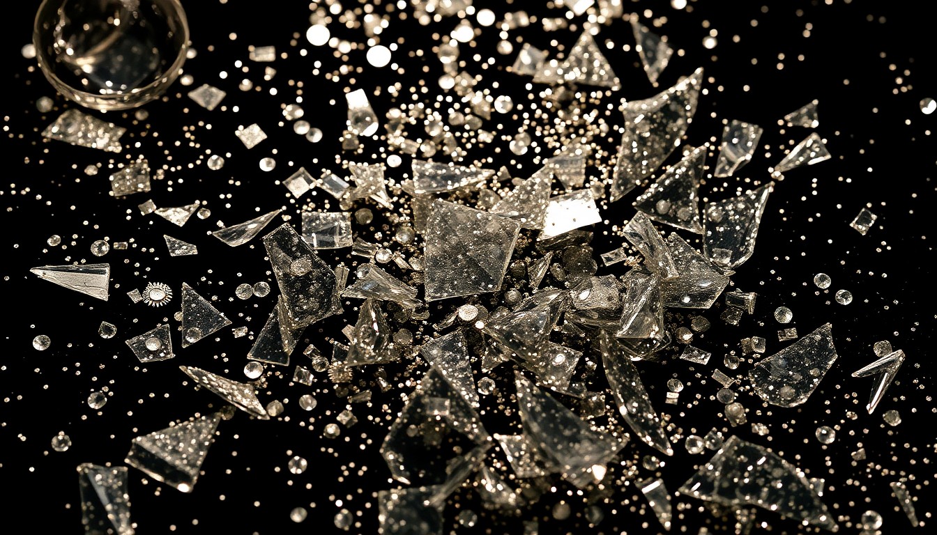 An extreme close-up photograph of shimmering sequins and shattered glass, capturing the glamour and nostalgia of the Laguna Beach cast reunion.