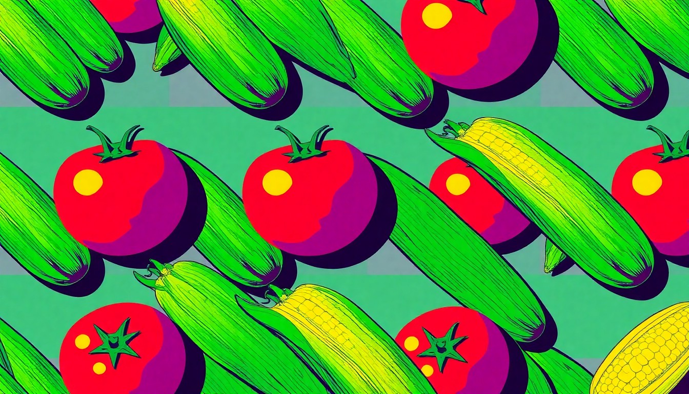 A high-contrast silkscreen print in bright neon colors of a single fresh produce item, such as a tomato or ear of corn, repeated in a tight grid pattern to create a modern pop art representation of a farmers market.