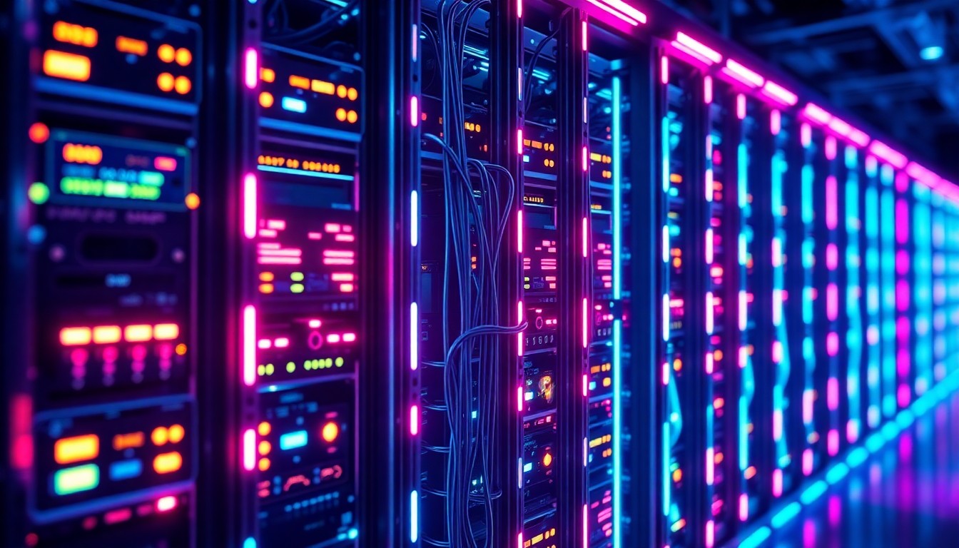 A highly detailed, glowing 3D illustration of a futuristic data center server rack, its intricate components illuminated by neon cyan and magenta lights, conceptually representing the scale and complexity of modern AI infrastructure.