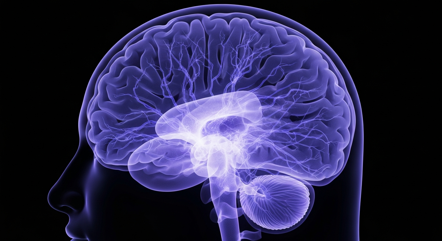 A ghostly, translucent X-ray photograph of a human brain, with glowing neural pathways and structures in shades of blue and purple against a dark background, conceptually illustrating the mental health impacts of adolescent cannabis use.