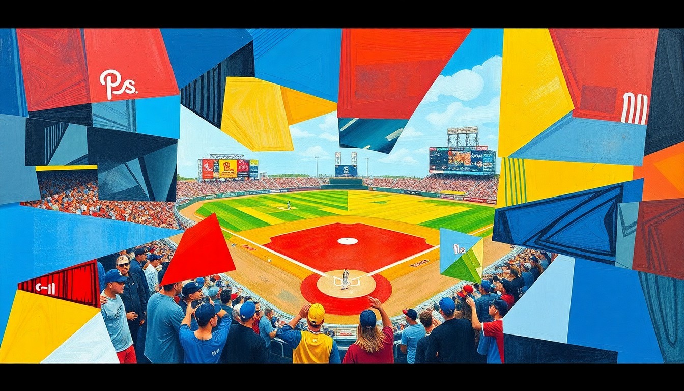 A cubist-style painting featuring sharp, overlapping geometric shapes in vibrant blue, red, and yellow hues, representing the dynamic movement and energy of a baseball game.