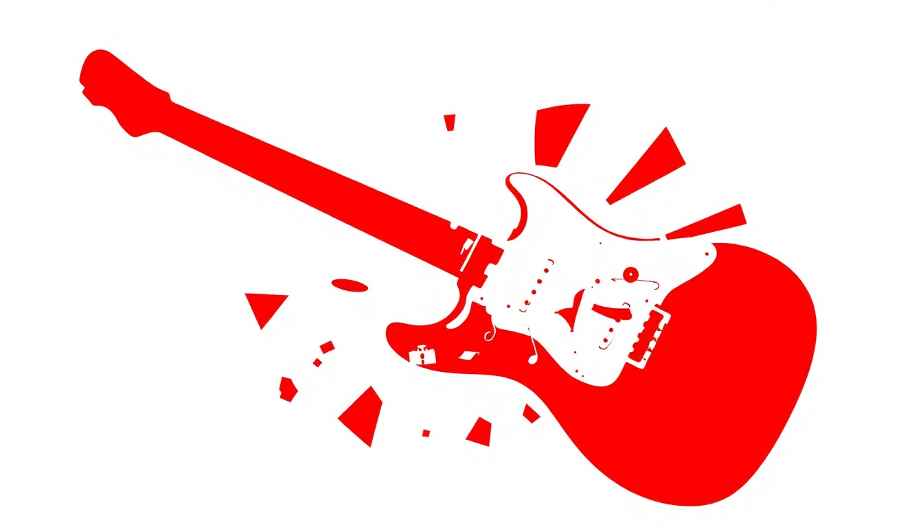 An abstract, minimalist illustration featuring a stark, jagged black silhouette of a shattered guitar, symbolizing the destruction of musical instruments, set against a high-contrast red and white background.