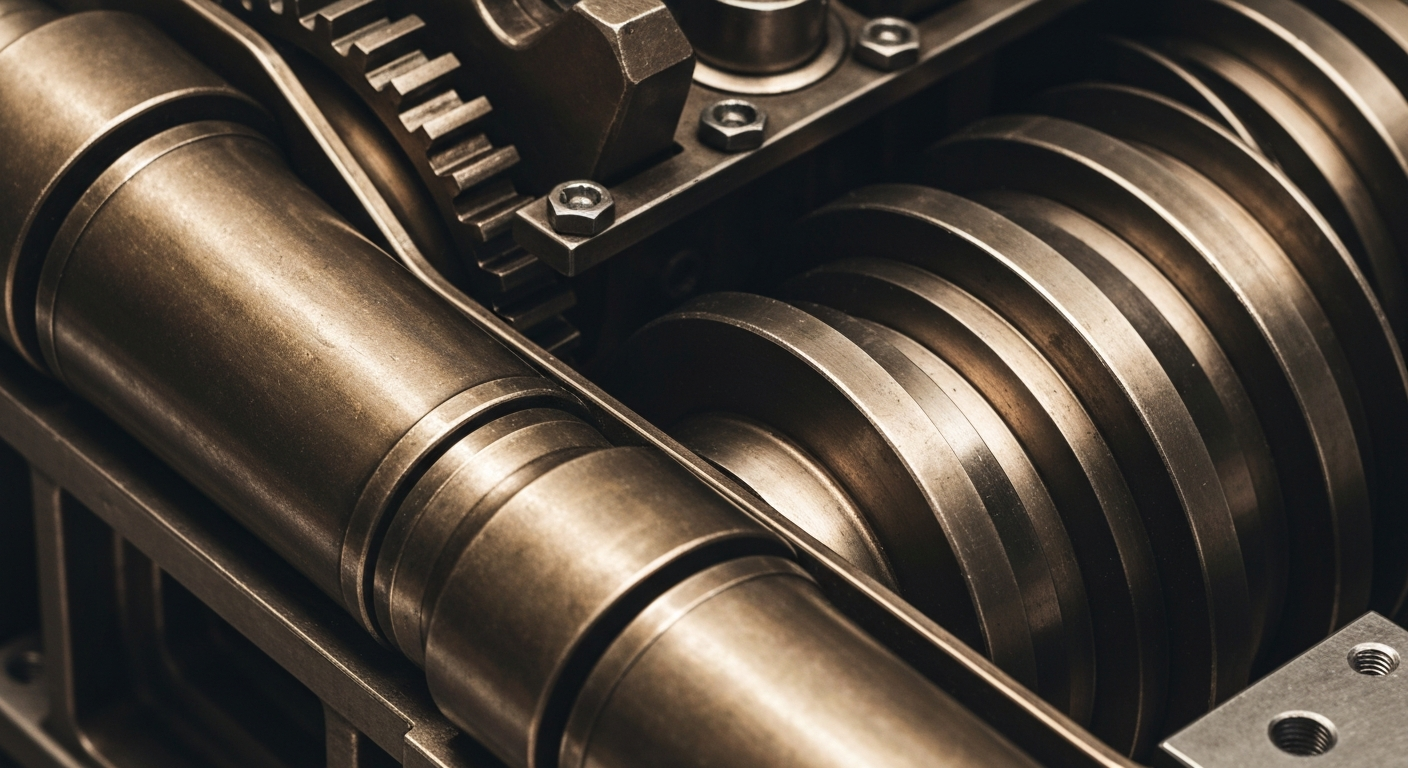 A cinematic close-up of heavy, industrial banking equipment and mechanisms in shades of steel, bronze, and chrome, conceptually representing the complex financial infrastructure behind corporate disclosures and investor losses.