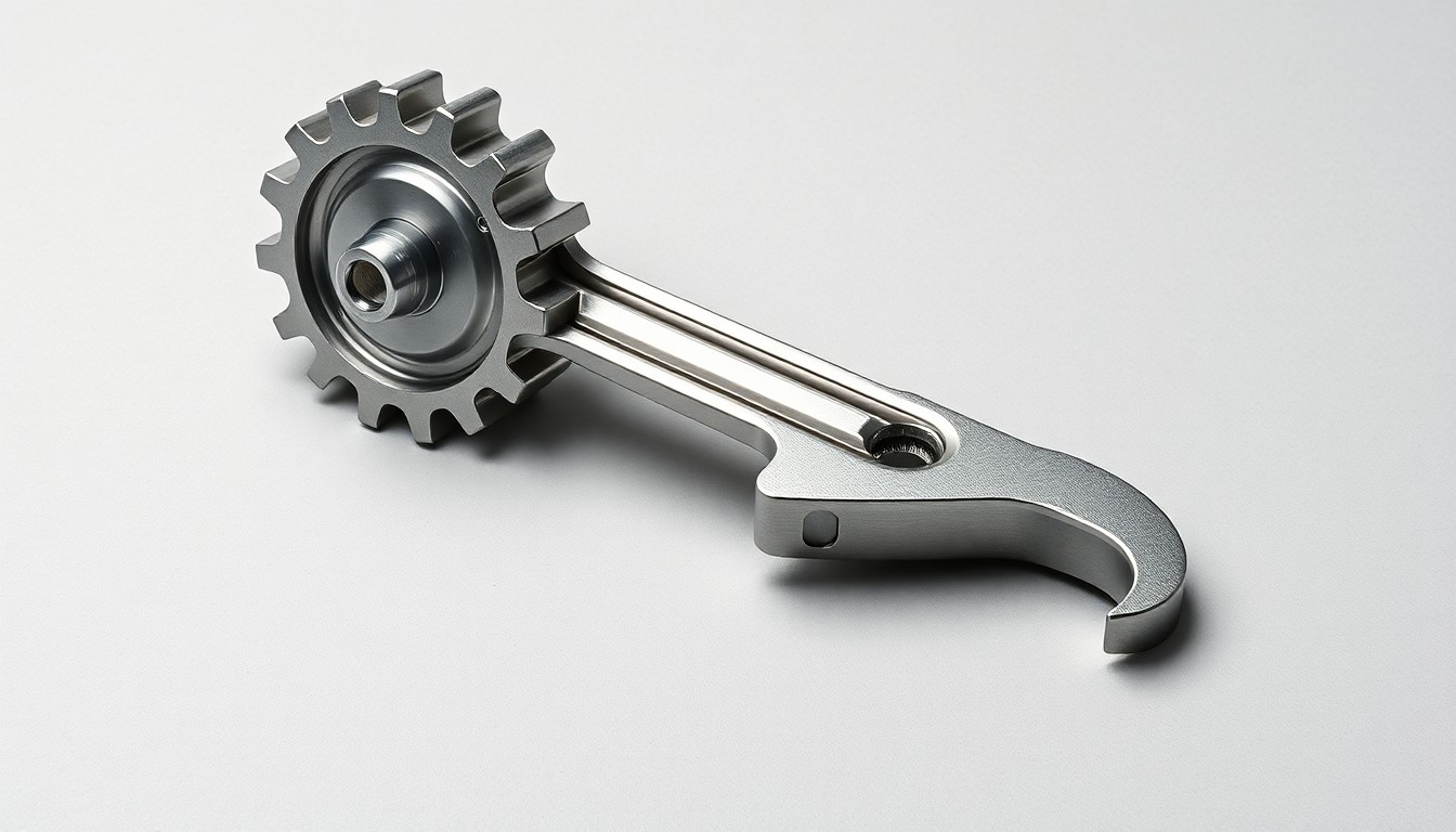 A photorealistic studio still life featuring a polished metal gear, a sleek industrial wrench, and a smooth concrete surface, conceptually representing the precision and innovation of the manufacturing industry.