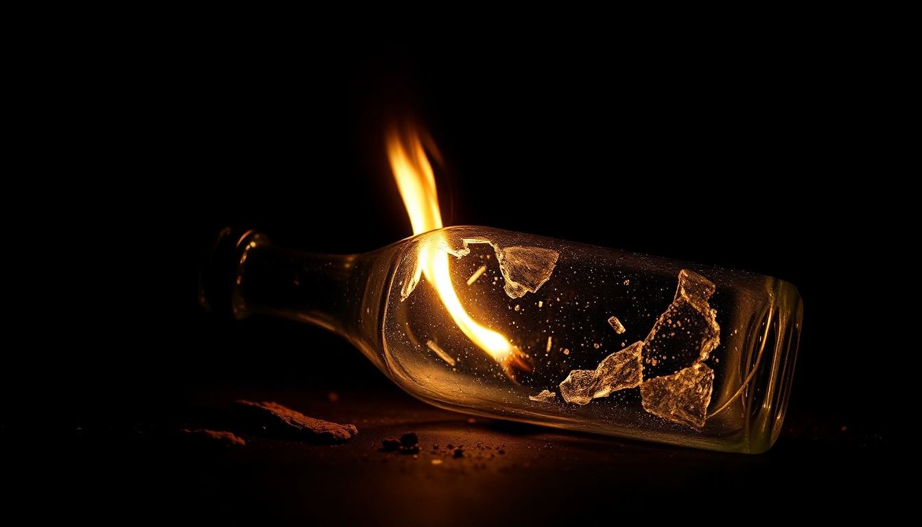 An extreme close-up photograph of a shattered glass bottle with a charred wick, lit by a harsh camera flash against a pitch-black background, conceptually representing the aftermath of a Molotov cocktail attack.