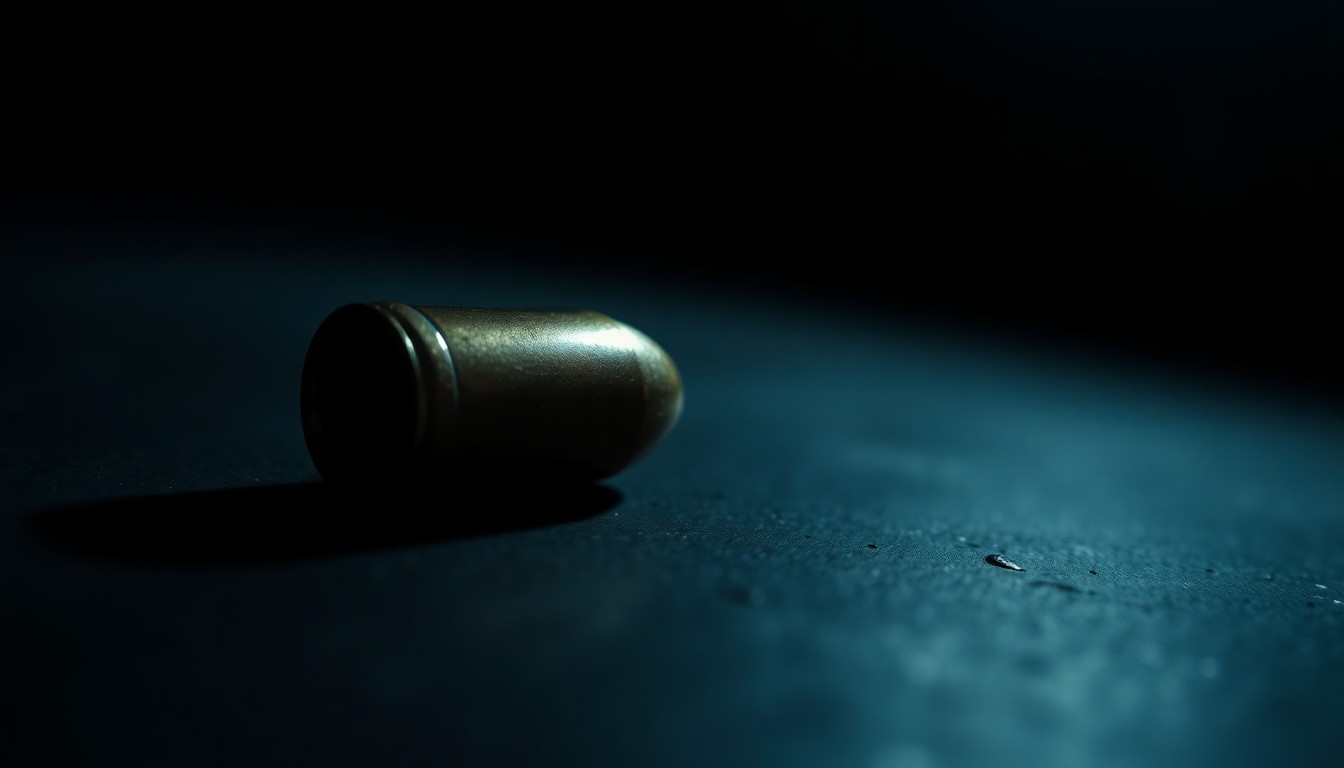 An extreme close-up photograph of a spent bullet casing on a dark, shadowy surface, lit by a harsh, direct camera flash, conceptually representing the aftermath of a shooting incident in Atlanta.