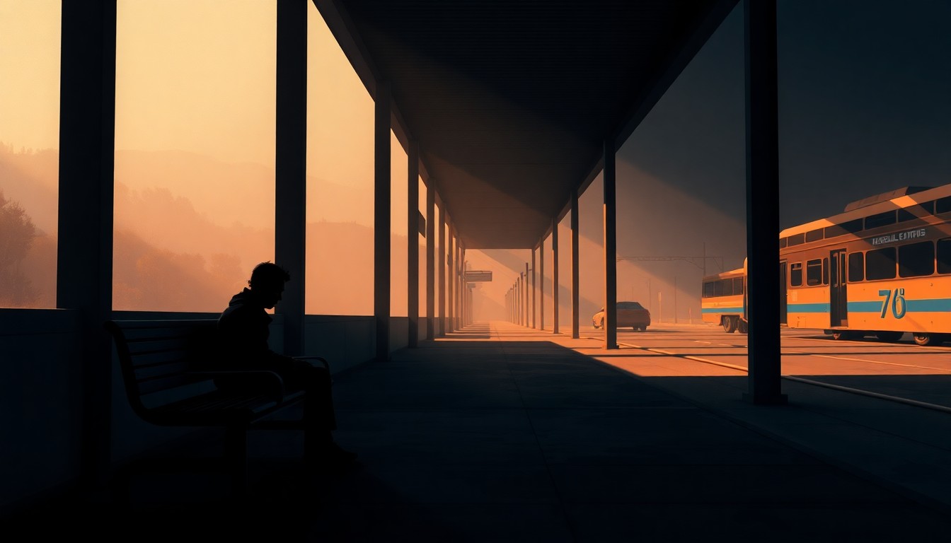 A solitary figure sits on a bench in a dimly lit bus station, surrounded by warm light and deep shadows, conveying the isolation and uncertainty faced by Venezuelan immigrants unable to easily return to their home country.