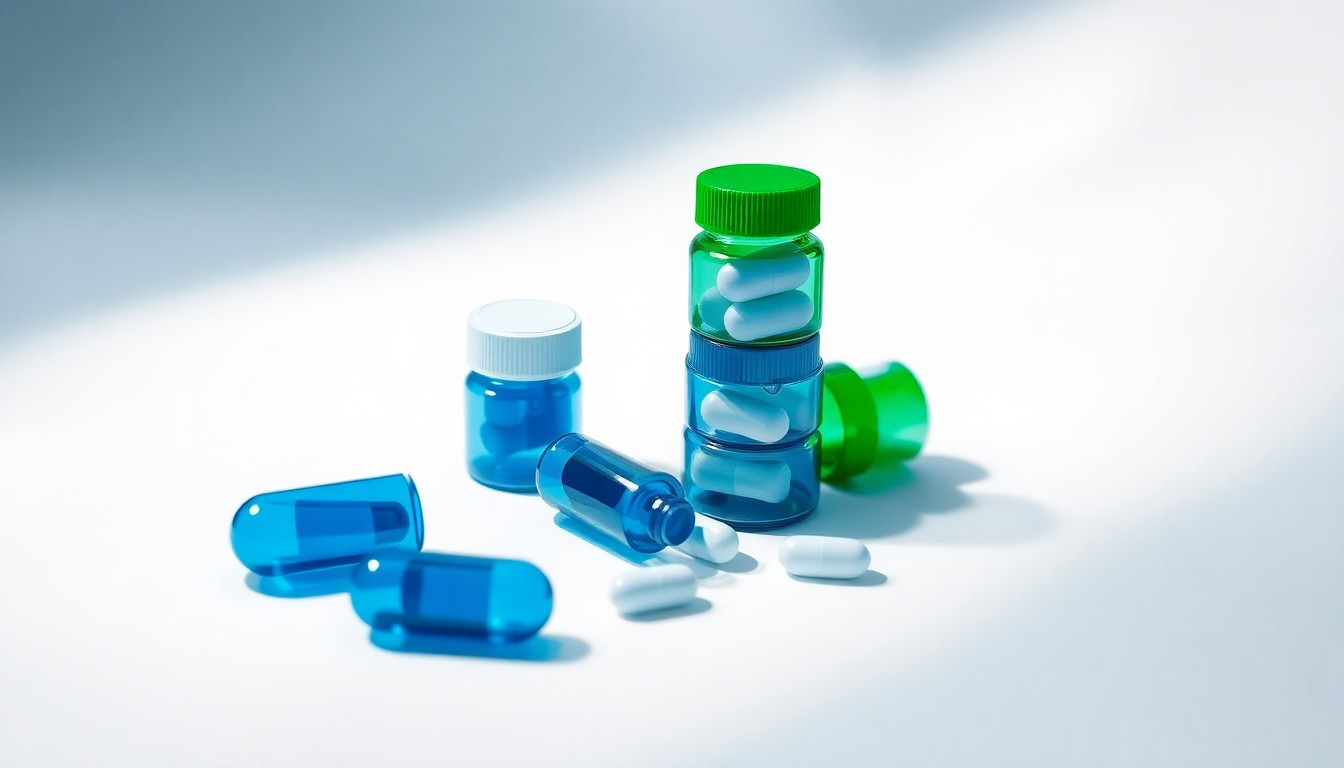 A high-end, photorealistic studio still-life photograph featuring a stack of pharmaceutical pill bottles in shades of blue and green, arranged elegantly on a clean, white seamless background. The bottles are made from polished glass and metal, using sharp, dramatic studio lighting and deep shadows to represent the abstract concepts of corporate strategy, finance, and risk in the pharmaceutical industry.