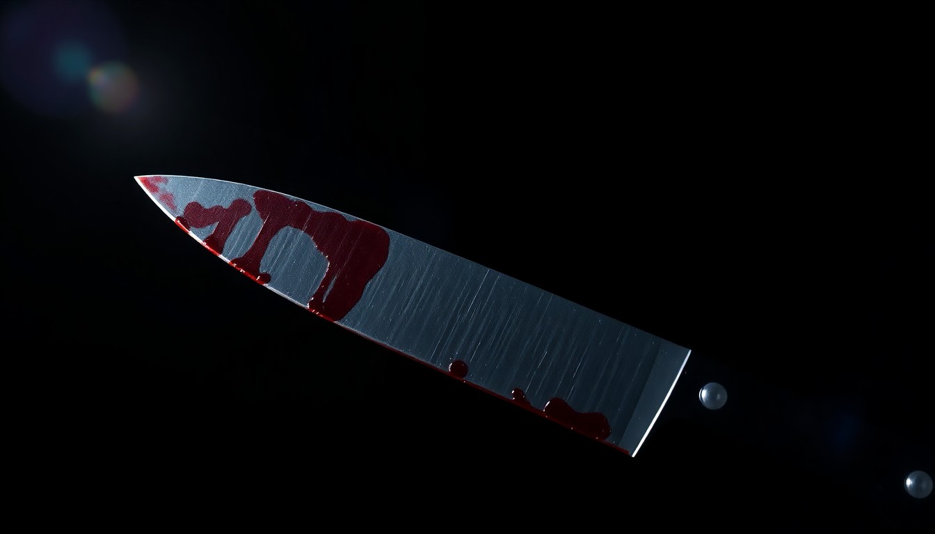 An extreme close-up photograph of a single bloody knife blade against a pitch-black background, conceptually illustrating the violence of a stabbing incident.
