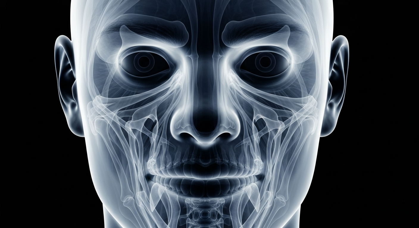 A ghostly, translucent X-ray image of a human face, revealing the intricate bone and muscle structures beneath the skin in a clinical and precise manner.