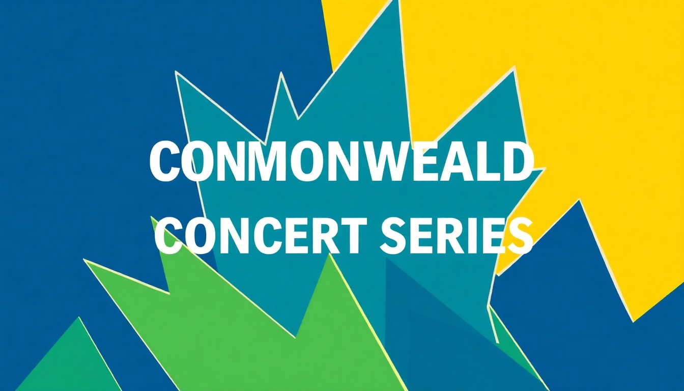 An abstract, minimalist illustration featuring bold, geometric shapes in shades of blue, green, and yellow, conceptually representing the energy and variety of musical genres at the Commonwealth Concert Series.