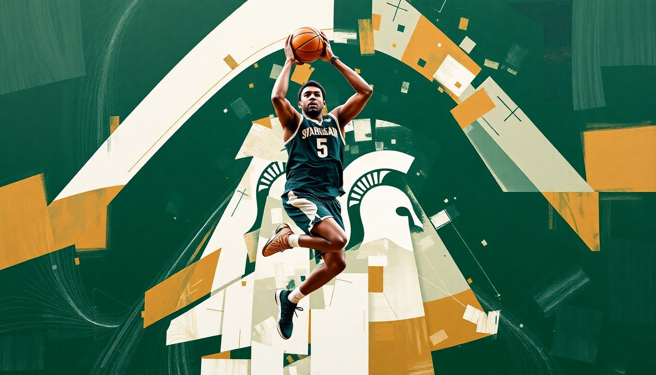 A fragmented, geometric painting depicting a basketball player's movements and actions, rendered in the vibrant colors of the Michigan State Spartans' team palette.